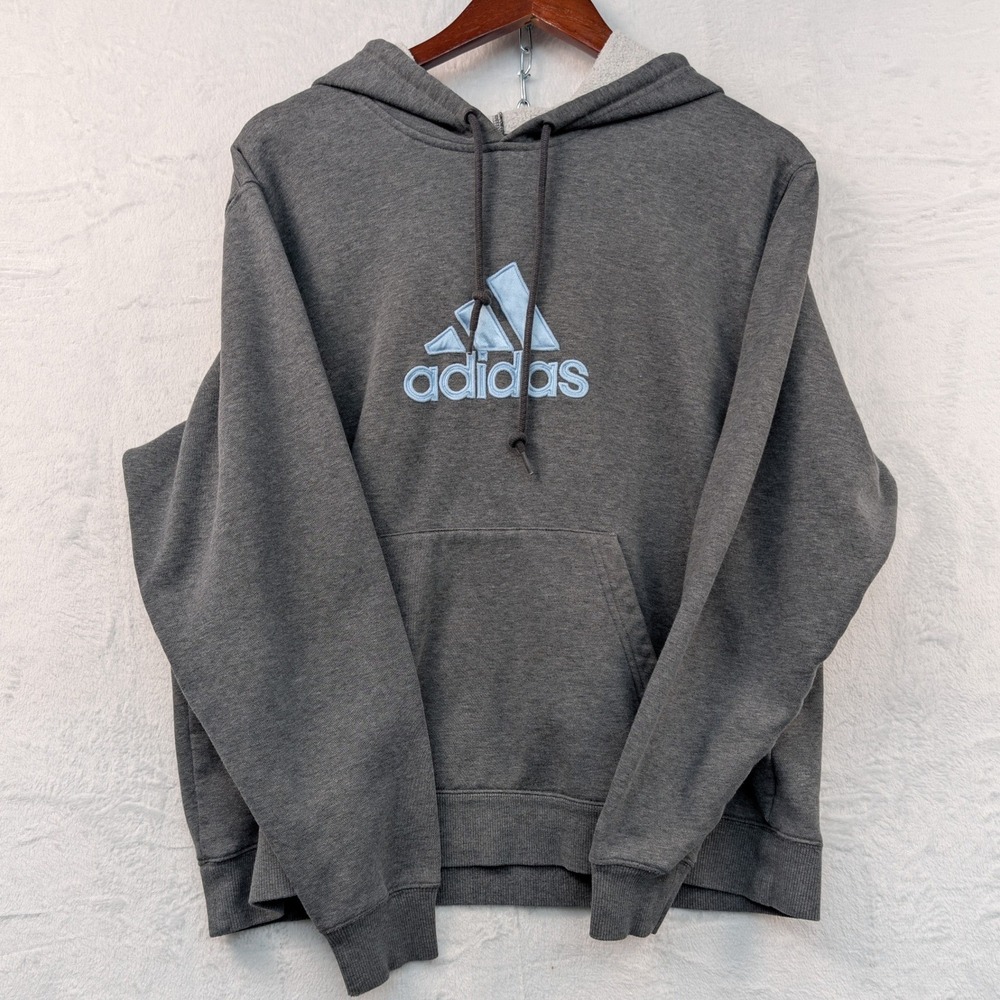 VTG Adidas Hoodie Women's Large Gray Embroidered Fleece Pullover Gym Sporty Y2K